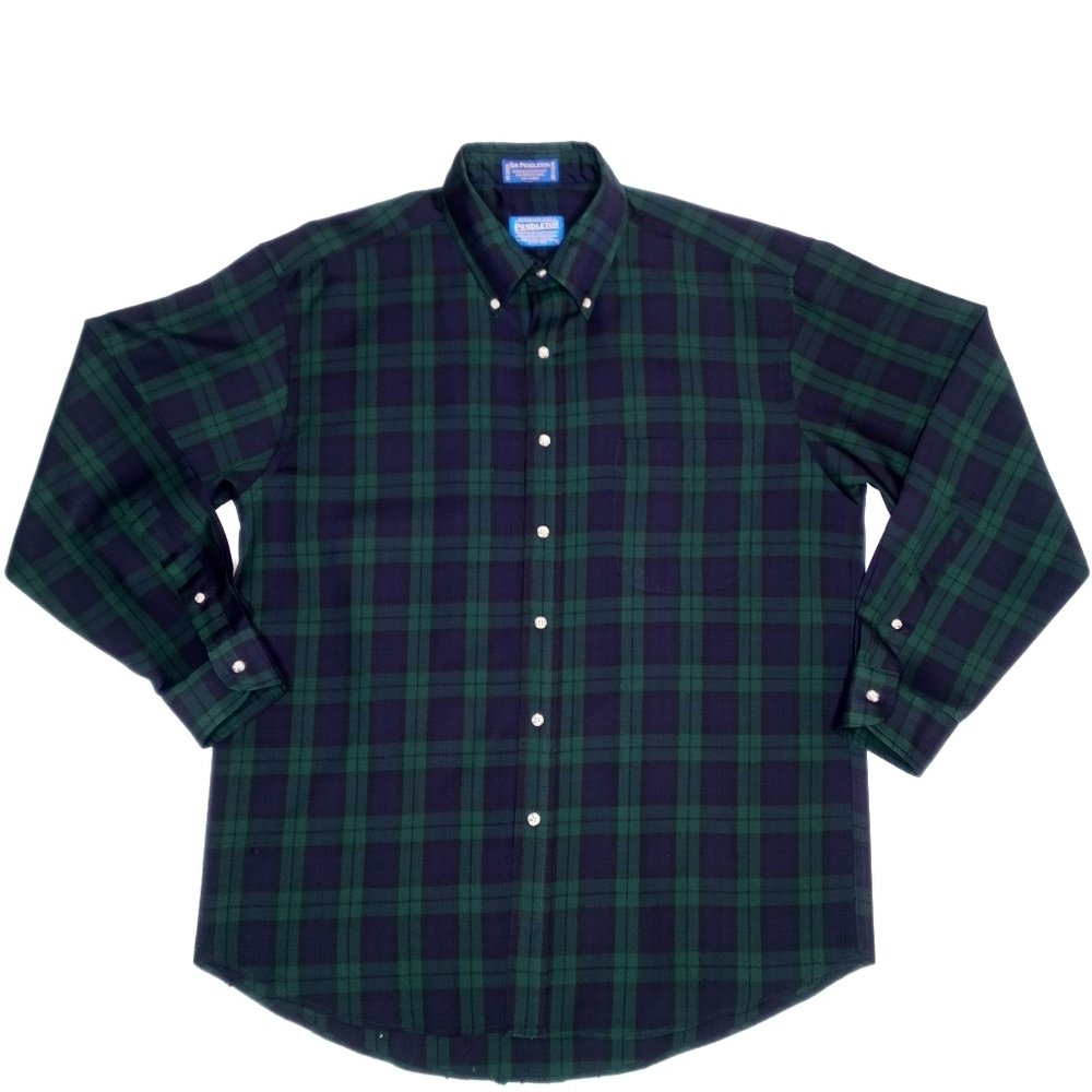 Pendleton Mens Large 100% Wool Long Sleeve Button Down Shirt Green Plaid FLAWS